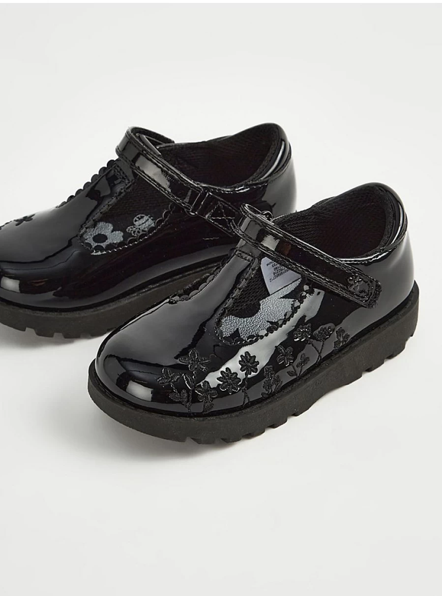 George at Asda Black Patent Leather School Shoes with Floral Embroidery Design | Women's & Girls' Stylish Footwear