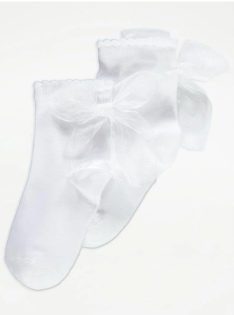 George at Asda Kids' White Cotton Ankle Socks with Shimmer Tulle Bow | Comfortable & Stylish
