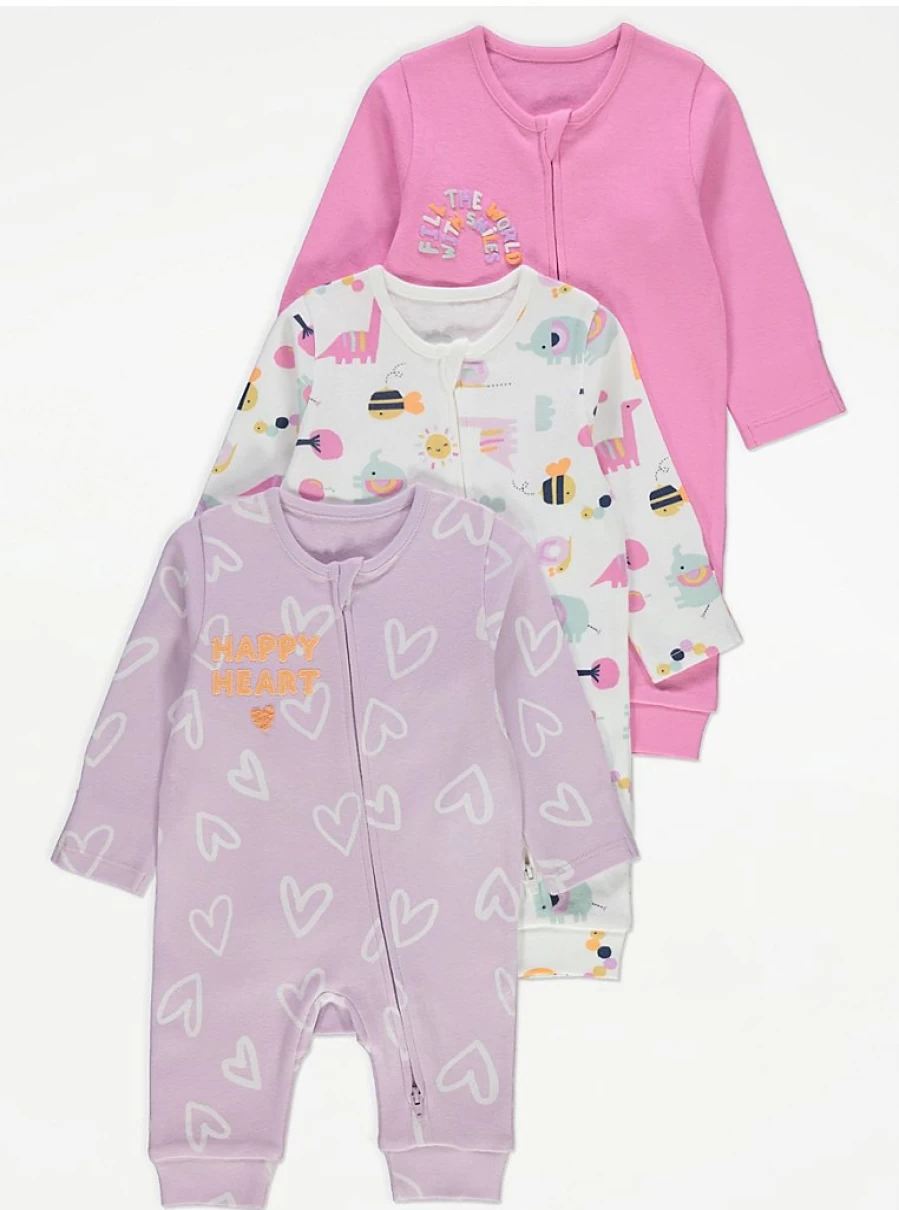 "George at Asda Baby Cute Animal 2-Way Zip Footless Sleepsuits 3-Pack | Soft & Comfortable Pajamas"