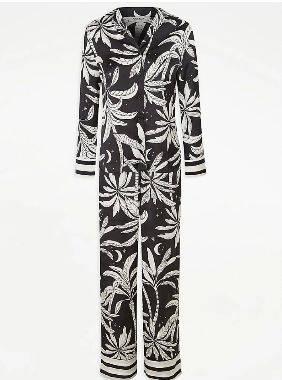 George at Asda Black Palm Tree Satin Pajama Set - Women's Luxury Sleepwear & Lingerie
