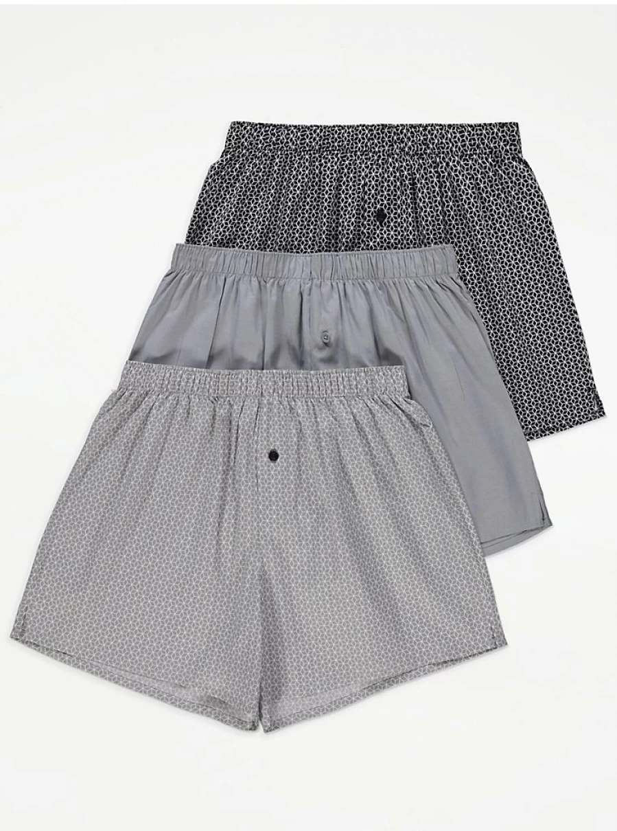 "George at Asda Men's Grey Geometric Woven Boxer Briefs 3-Pack – Soft Comfort Fit Underwear"