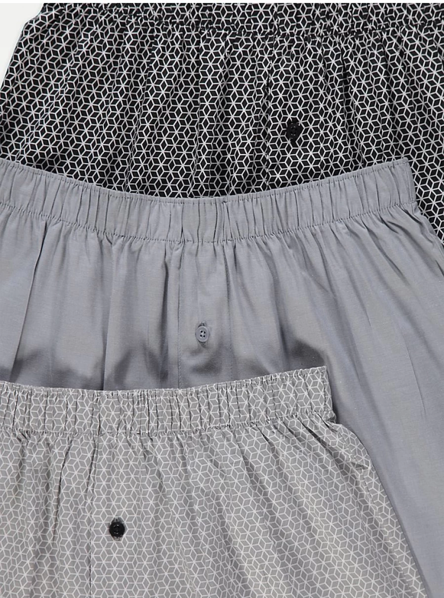 "George at Asda Men's Grey Geometric Woven Boxer Briefs 3-Pack – Soft Comfort Fit Underwear"