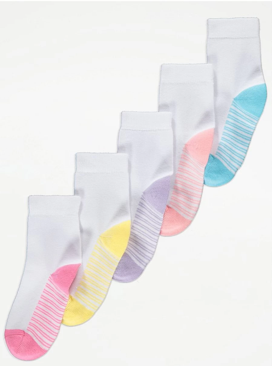 George at Asda Kids' White Bright Striped Ankle Socks 5-Pack | Soft & Comfortable School Socks for Boys & Girls