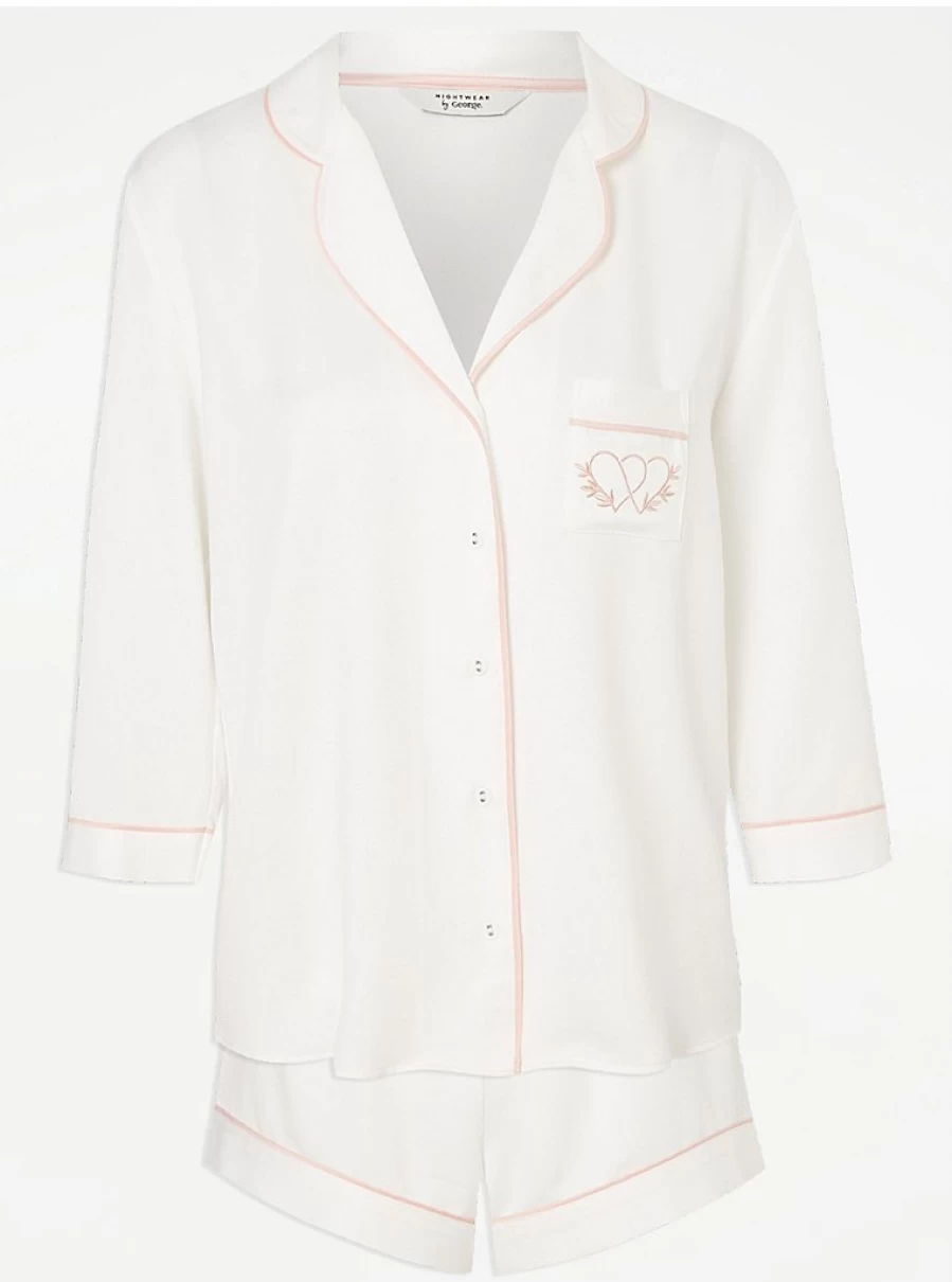 White Bridal Short Satin Pyjama Set - Women's Lace Trim Sleepwear by George at Asda