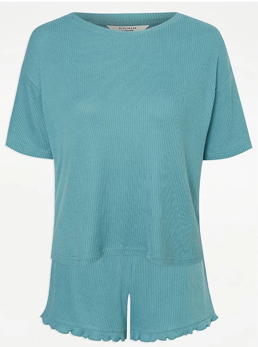 "Teal Ribbed Frill Short Pajama Set by George at Asda | Women's Lingerie & Sleepwear"