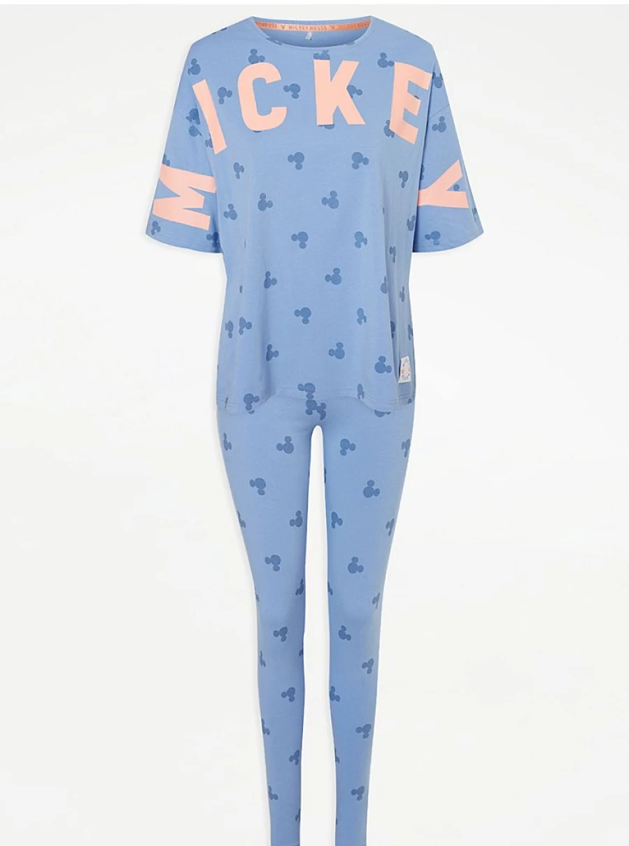 George at Asda Disney Mickey Mouse Blue Slogan Pyjamas for Women - Comfortable Sleepwear Set