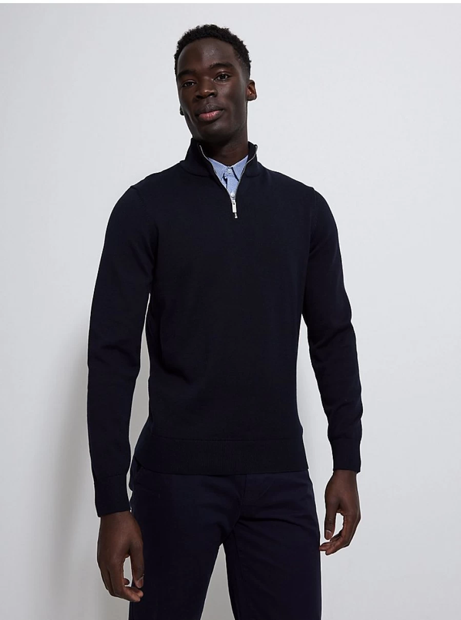 Men's Navy Checked Quarter Zip Mock Shirt Jumper | George at Asda