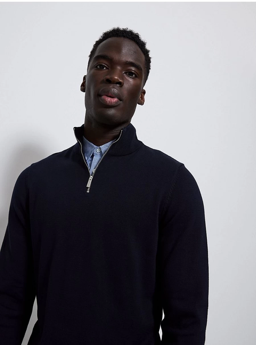 Men's Navy Checked Quarter Zip Mock Shirt Jumper | George at Asda