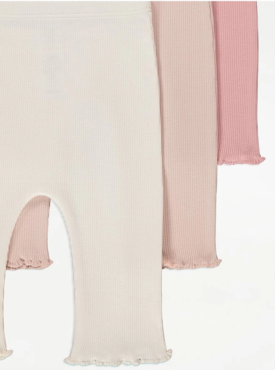 "George at Asda Baby Girls' Pastel Pink Rib Lettuce Trim Ankle Leggings 3-Pack"
