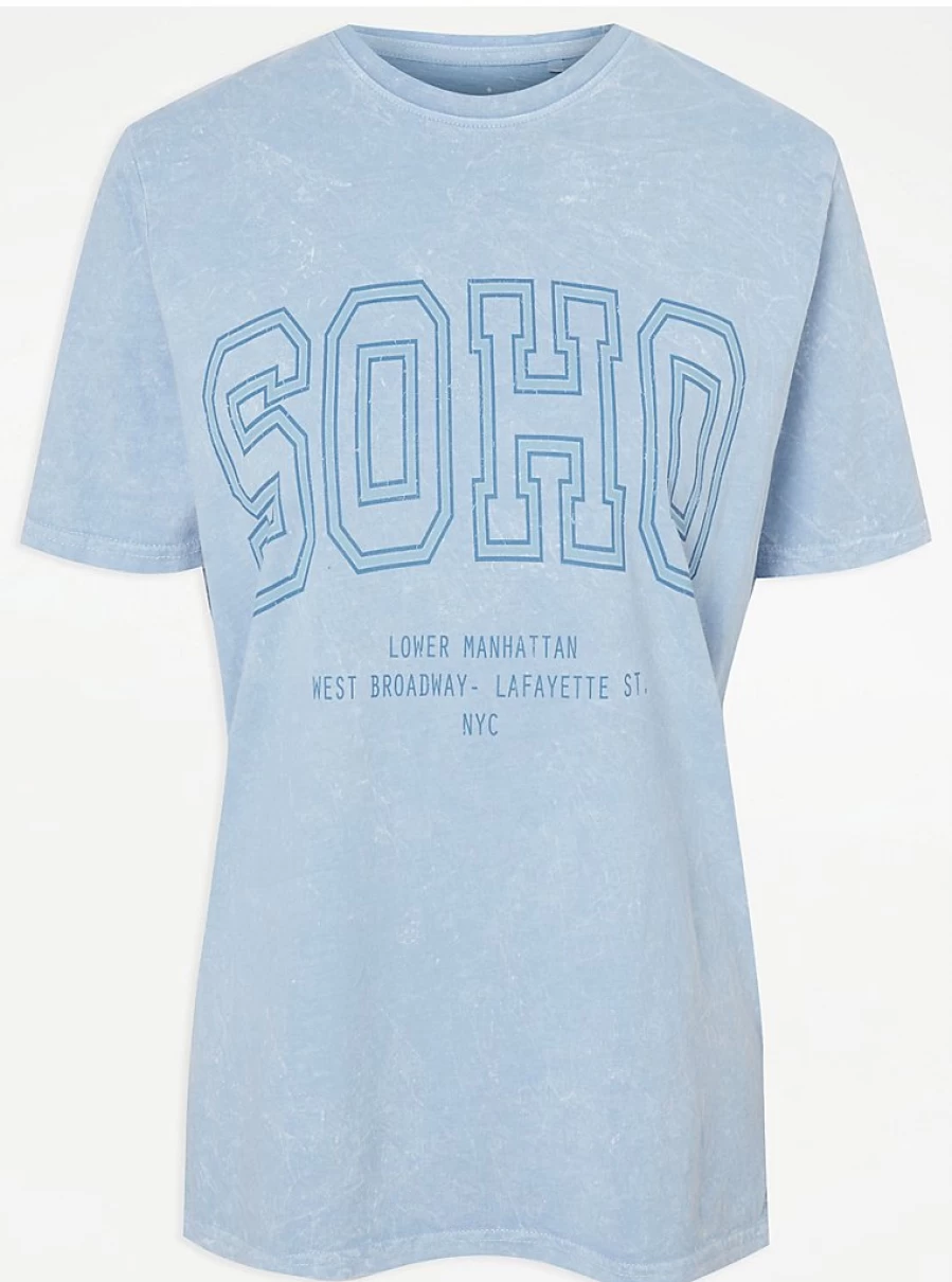 "George at Asda Women's Light Blue Washed Pure Cotton Soho NYC T-Shirt | Comfort Fit Casual Tee"
