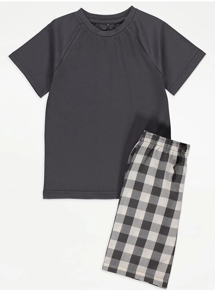 "George at Asda Boys' Charcoal Checked Short Pyjamas – Comfortable Kids' Nightwear"