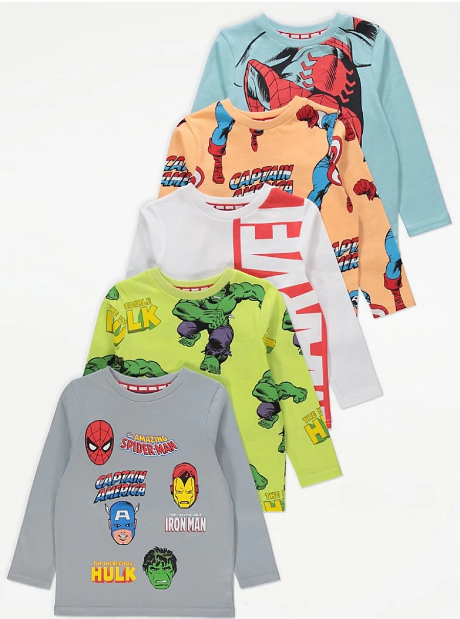 Boys' Marvel Superhero 5-Pack Long Sleeve Tops | George at Asda