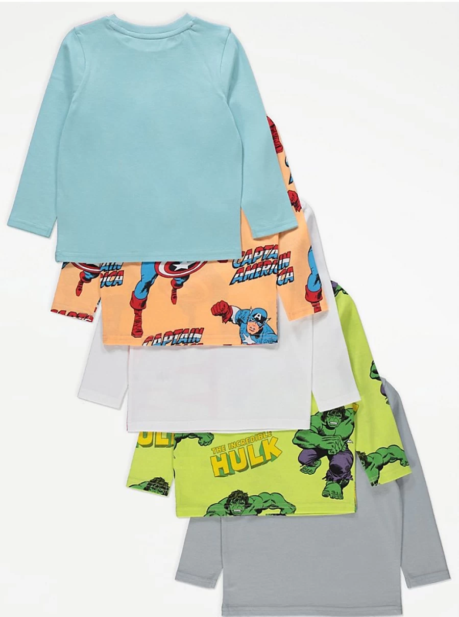 Boys' Marvel Superhero 5-Pack Long Sleeve Tops | George at Asda
