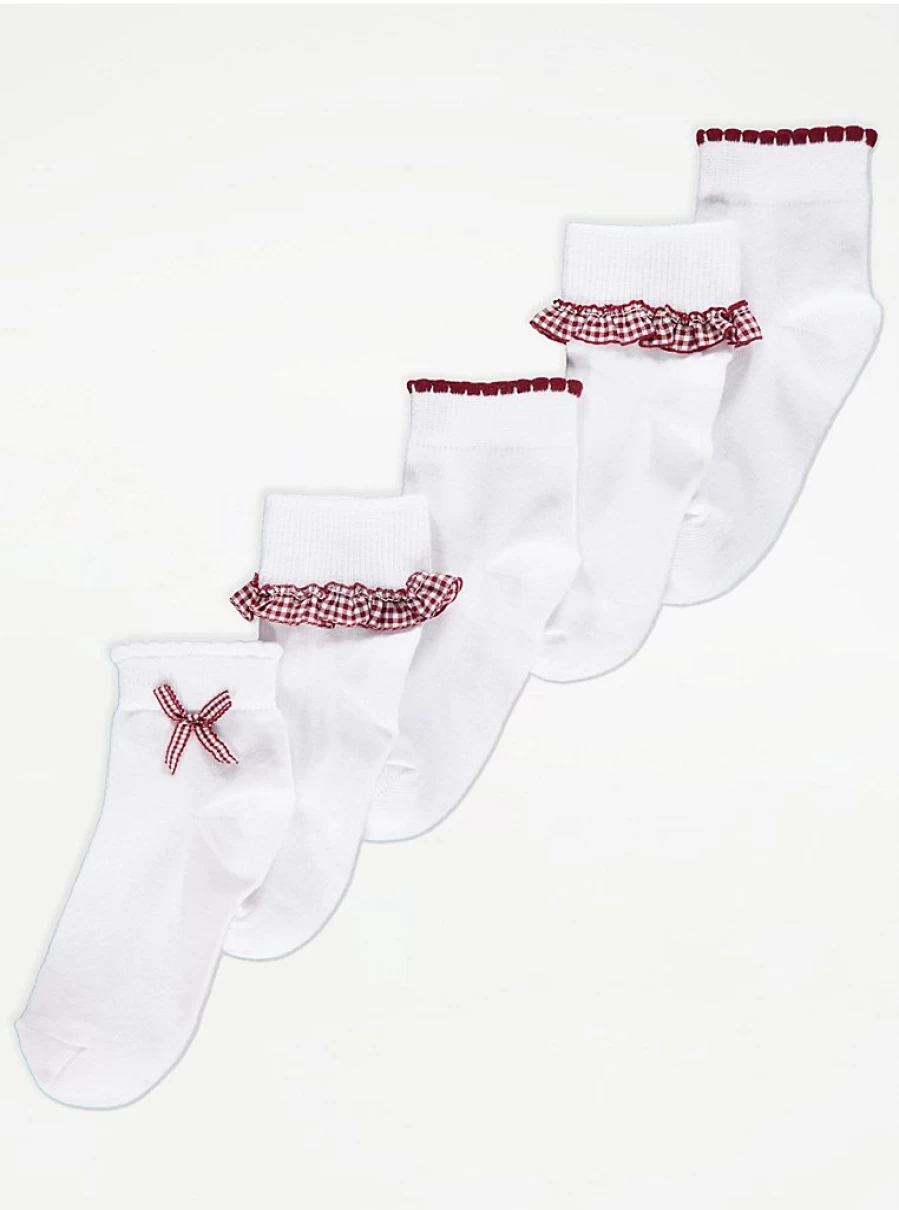 "George at Asda Kids' Burgundy Gingham Ankle Socks 5-Pack | Comfortable & Stylish"