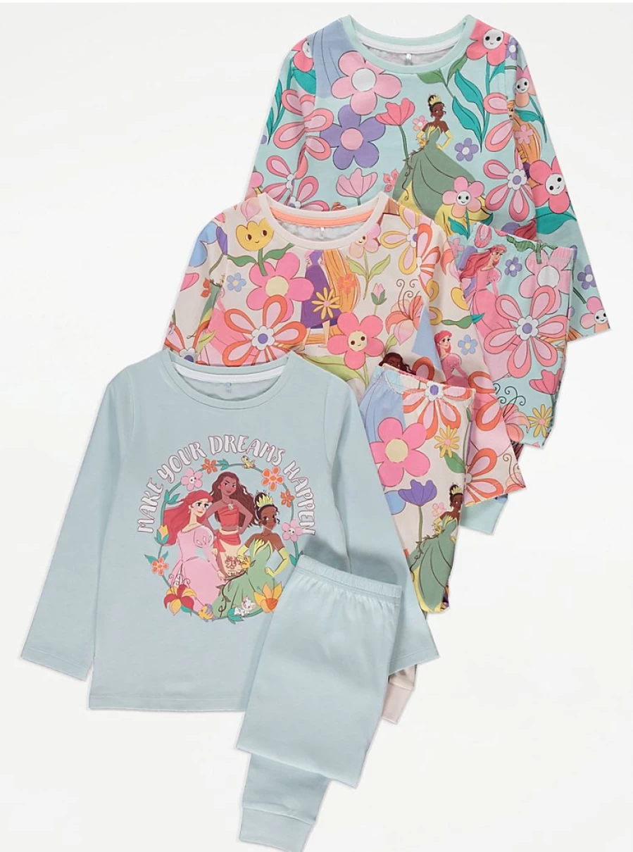 Disney Princess Kids' 3-Pack Long Sleeve Flower Pyjamas | George at Asda Sleepwear for Girls