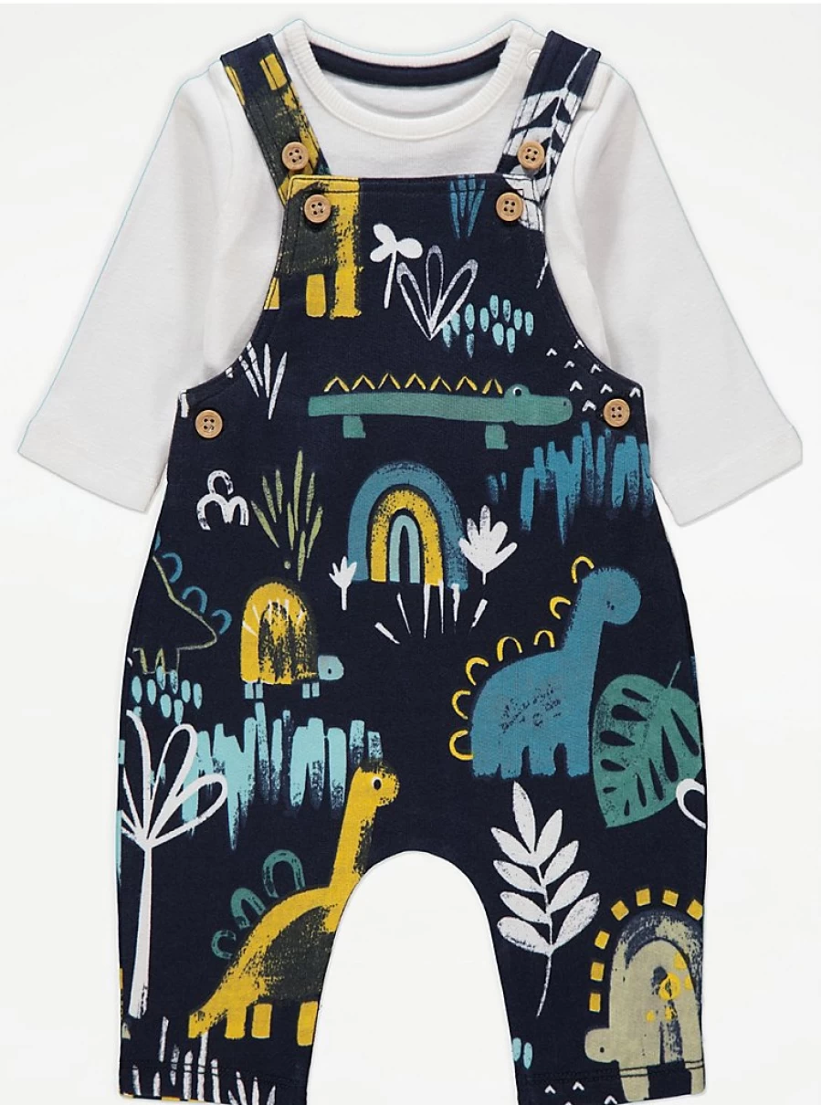 George at Asda Boys' Dinosaur Dungarees and Long Sleeve Bodysuit Outfit - Baby Clothing Set Review