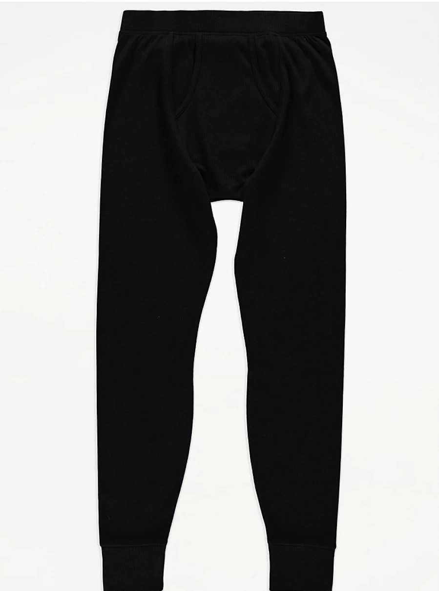Men's Black Thermal Long Johns - Ribbed Winter Base Layer by George at Asda
