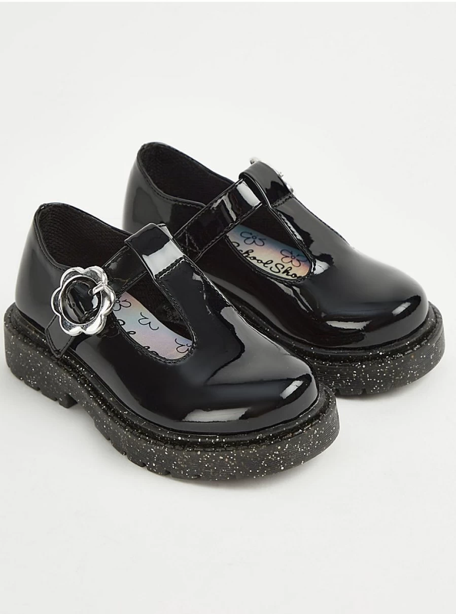 "George at Asda Wide Fit Black T-Bar School Shoes with Glitter Sole and Floral Detail"