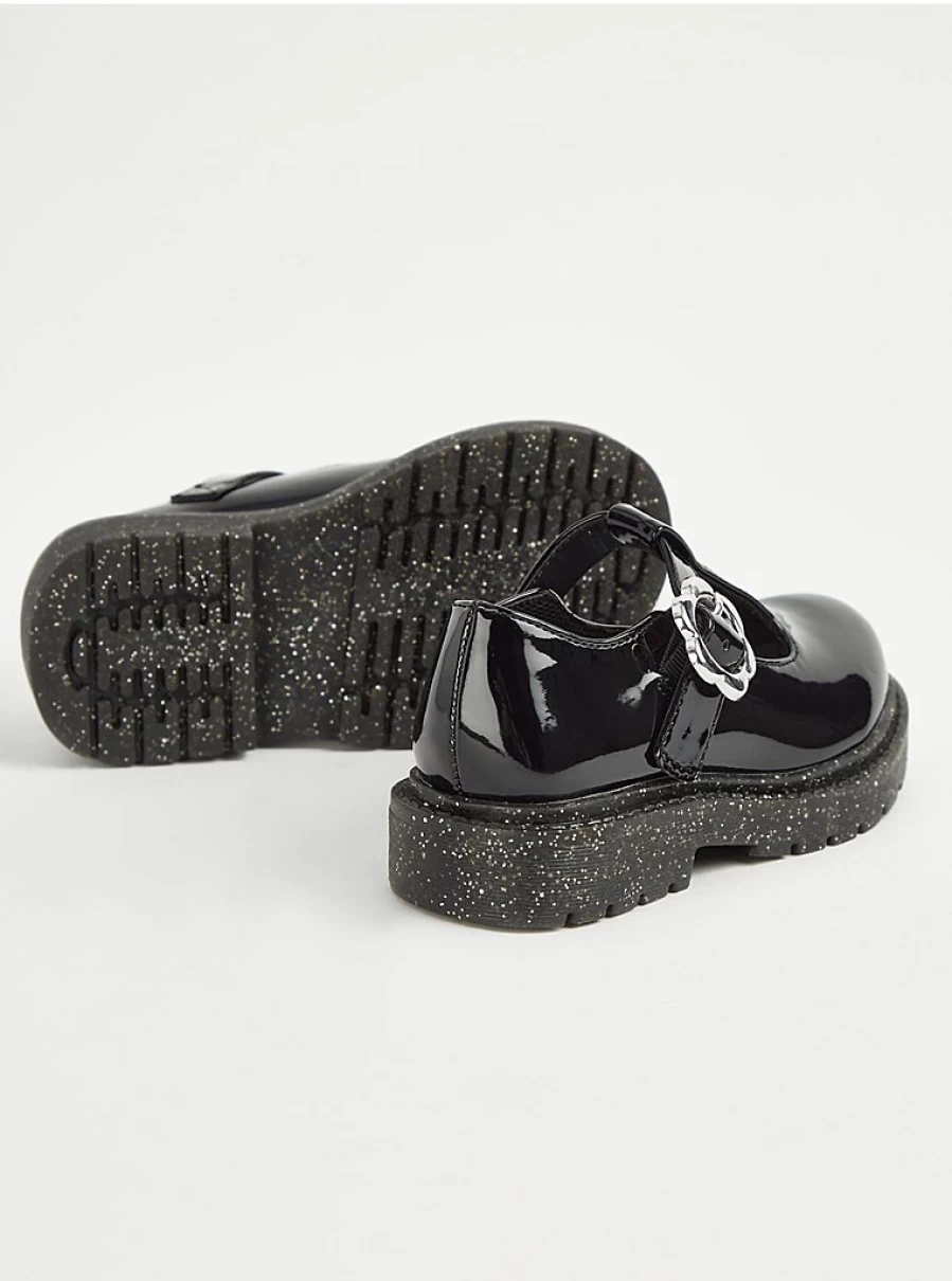 "George at Asda Wide Fit Black T-Bar School Shoes with Glitter Sole and Floral Detail"