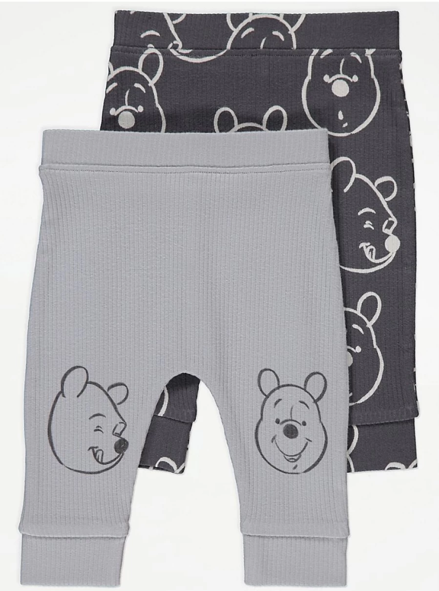 George at Asda Baby Girls' Winnie The Pooh 2-Pack Grey Ribbed Leggings | Disney Inspired Soft Cotton Stretch Comfort