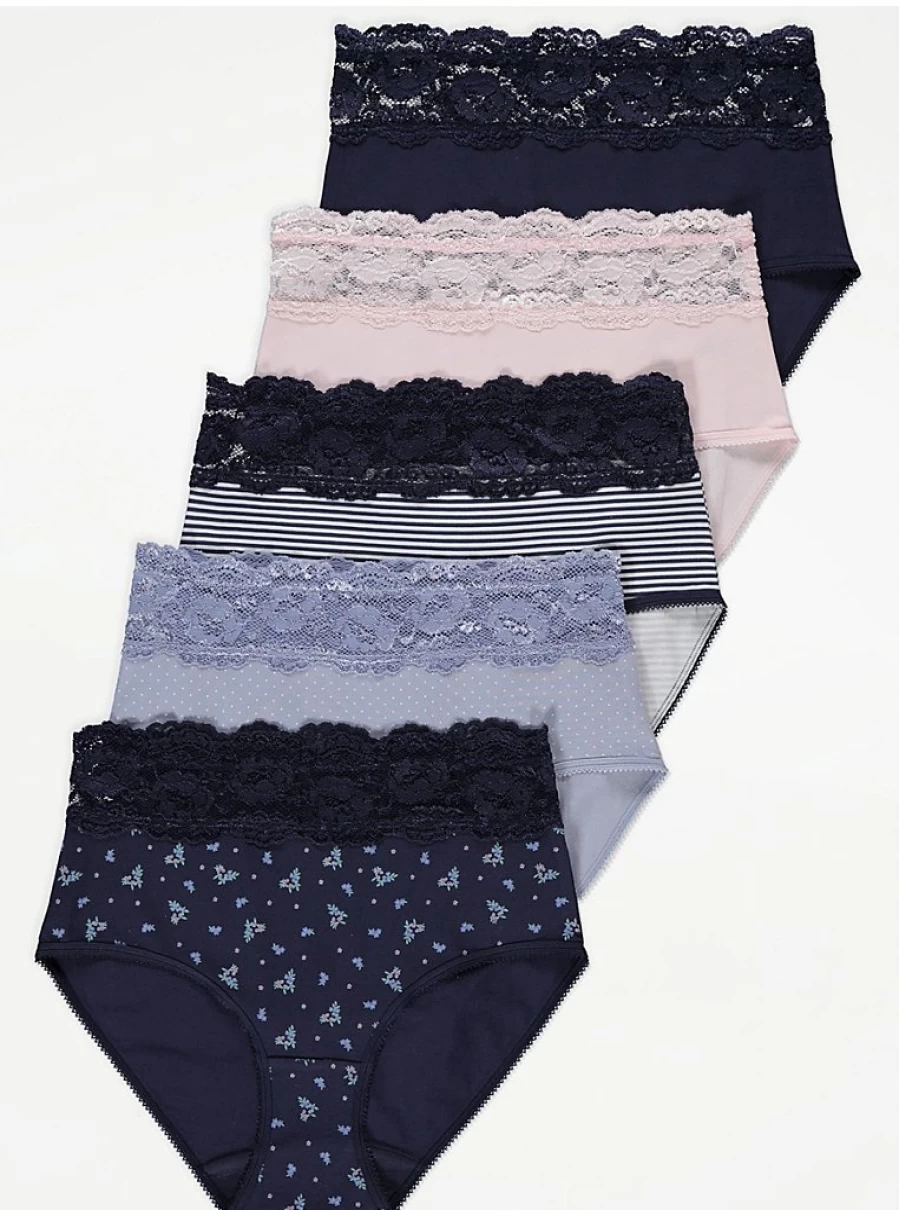 George at Asda Women's Lace Patterned Briefs 5-Pack | Comfortable Full Brief Underwear Set