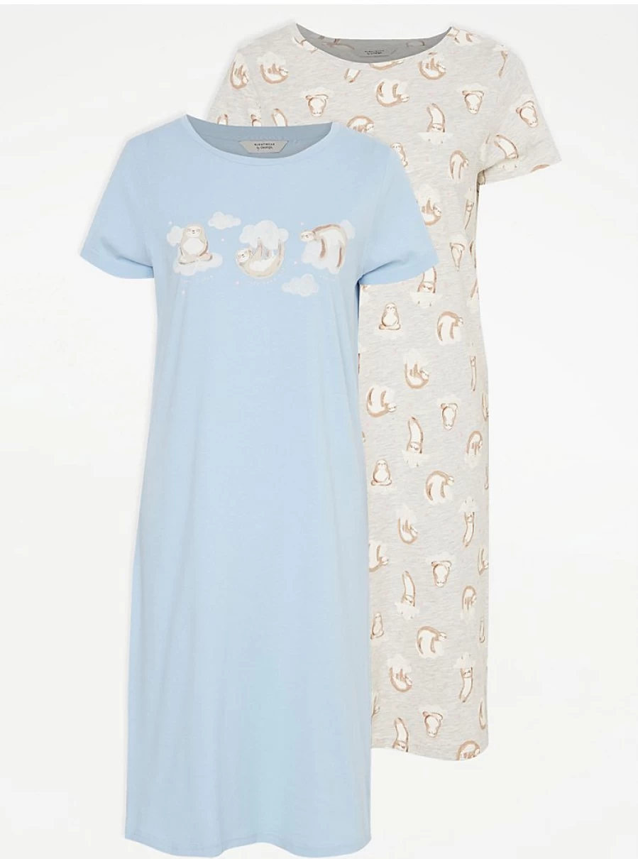 "George at Asda Women's Sloth Nightdresses 2 Pack - Soft Sleepwear & Lingerie Set"