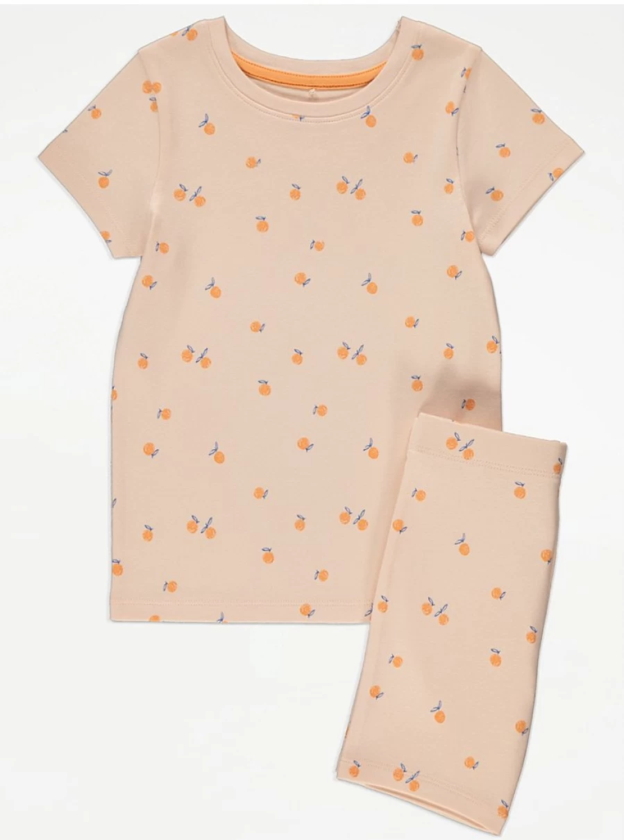 "George at Asda Kids' Orange Fruity Cycling Short Pyjamas – Comfortable Sketch Design Sleepwear"