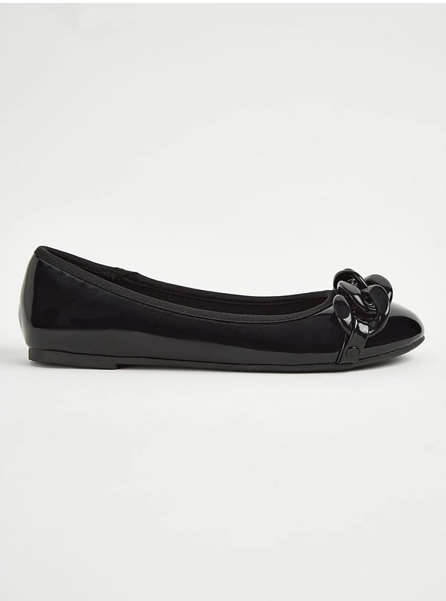 "George at Asda Girls' Black Patent Leather Ballet Shoes with Chain Detail for School"