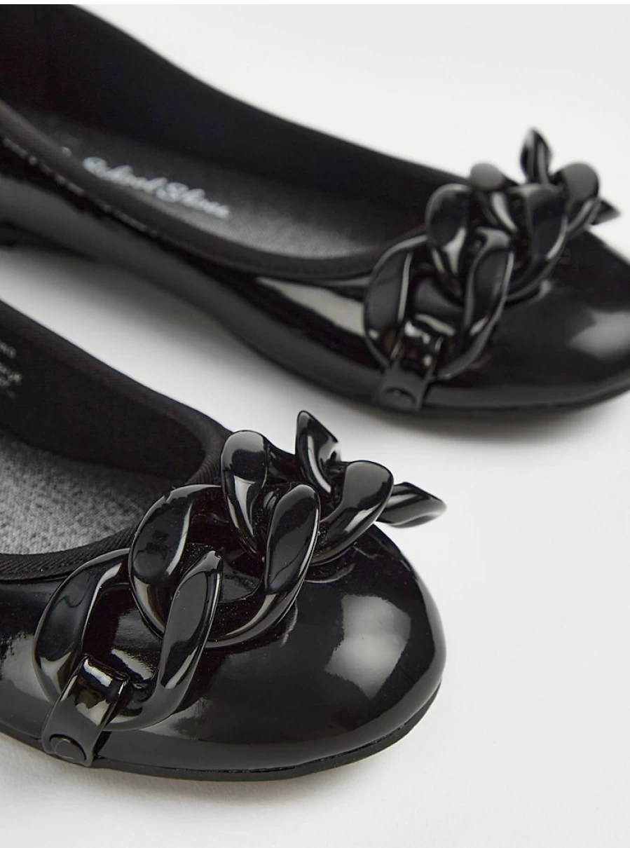 "George at Asda Girls' Black Patent Leather Ballet Shoes with Chain Detail for School"