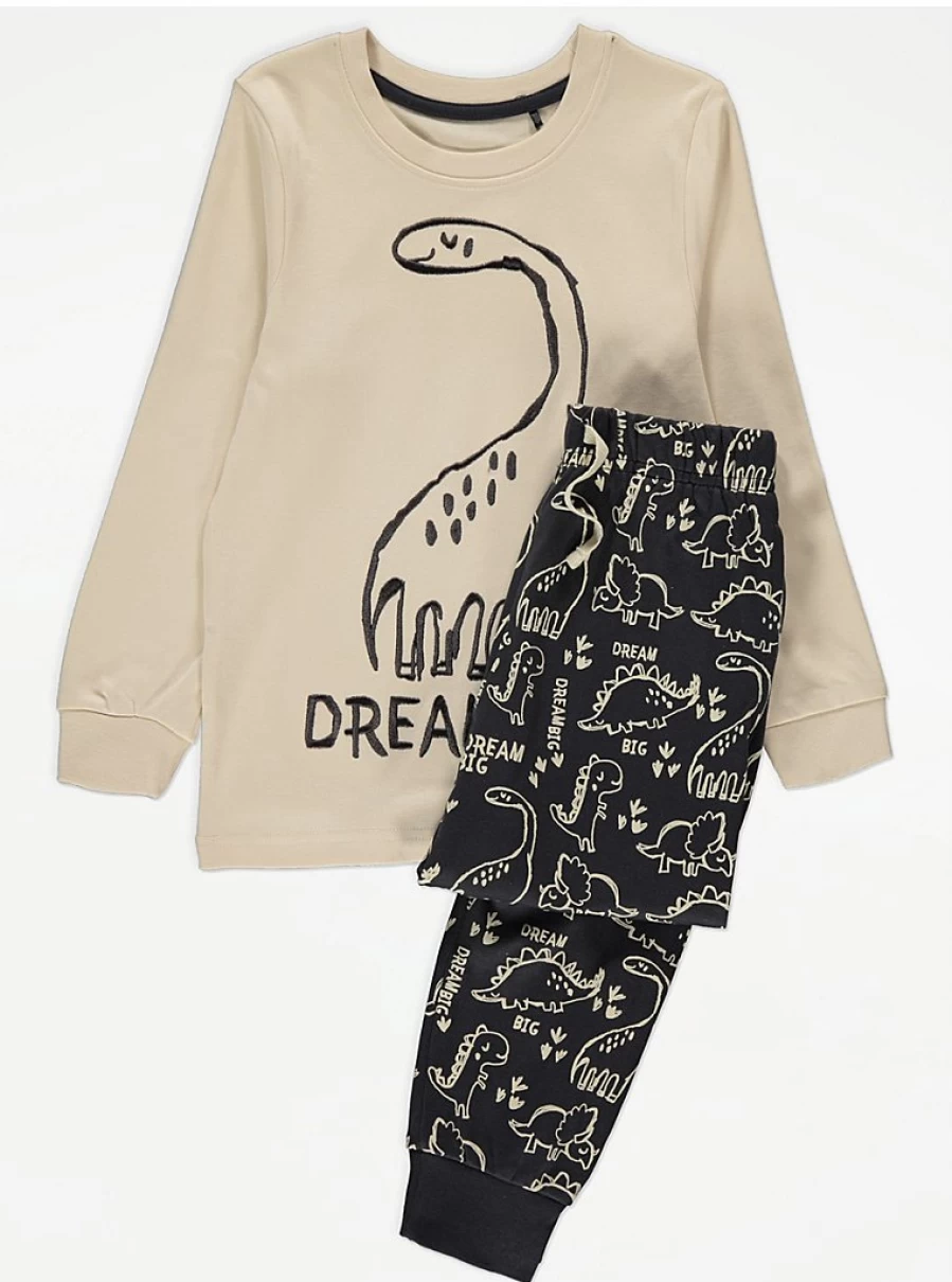 Boys' Stone Dinosaur Dream Big Long Sleeve Pyjamas | George at Asda Kids Sleepwear