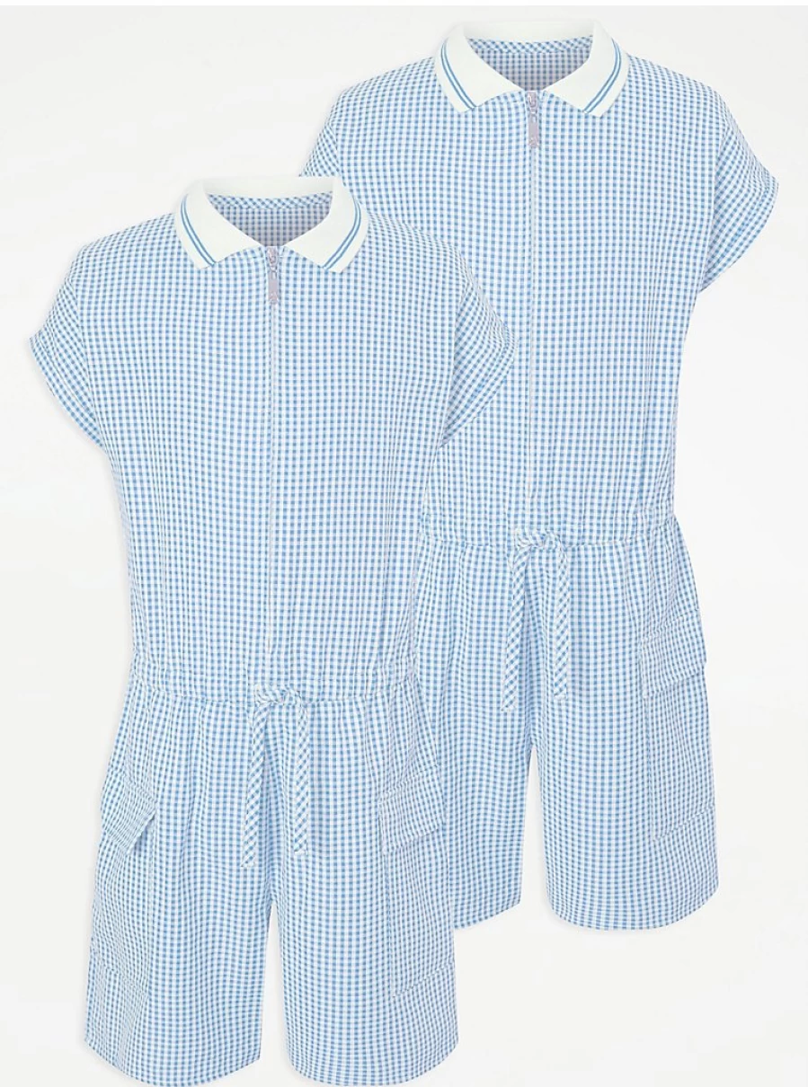 "George at Asda Girls' Light Blue Gingham Sporty School Playsuits 2-Pack – Comfortable & Stylish Uniform Set"