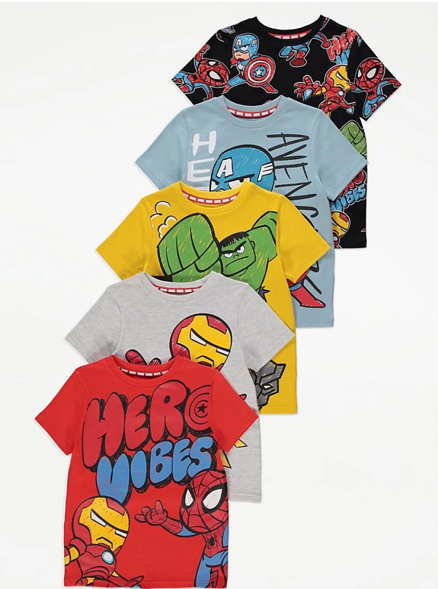 "Marvel Superheroes Boys' Graphic T-Shirts 5-Pack | George at Asda | Kids Cotton Tee Set"