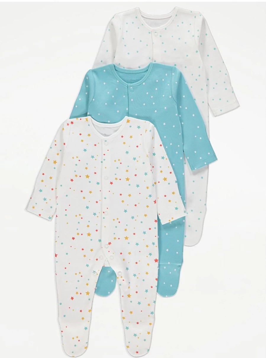 George at Asda Baby Boys/Girls Star Print Long Sleeve Sleepsuits 3-Pack - Soft Cotton Pajama Set
