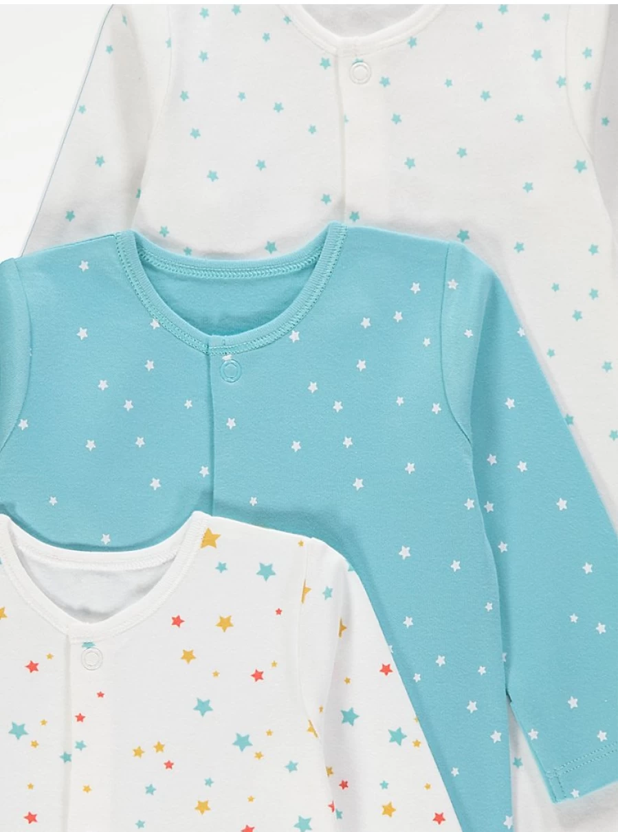 George at Asda Baby Boys/Girls Star Print Long Sleeve Sleepsuits 3-Pack - Soft Cotton Pajama Set