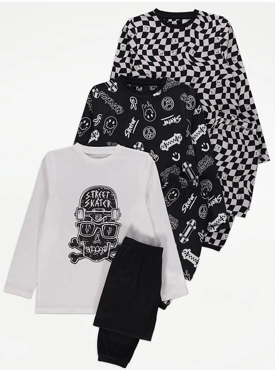 Boys' Skull Print Street Skater Pyjamas 3-Pack | George at Asda