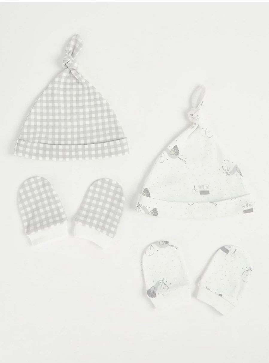 "George at Asda Baby White Stork Hat and Mittens Set - 2 Pack Warm Winter Essentials"