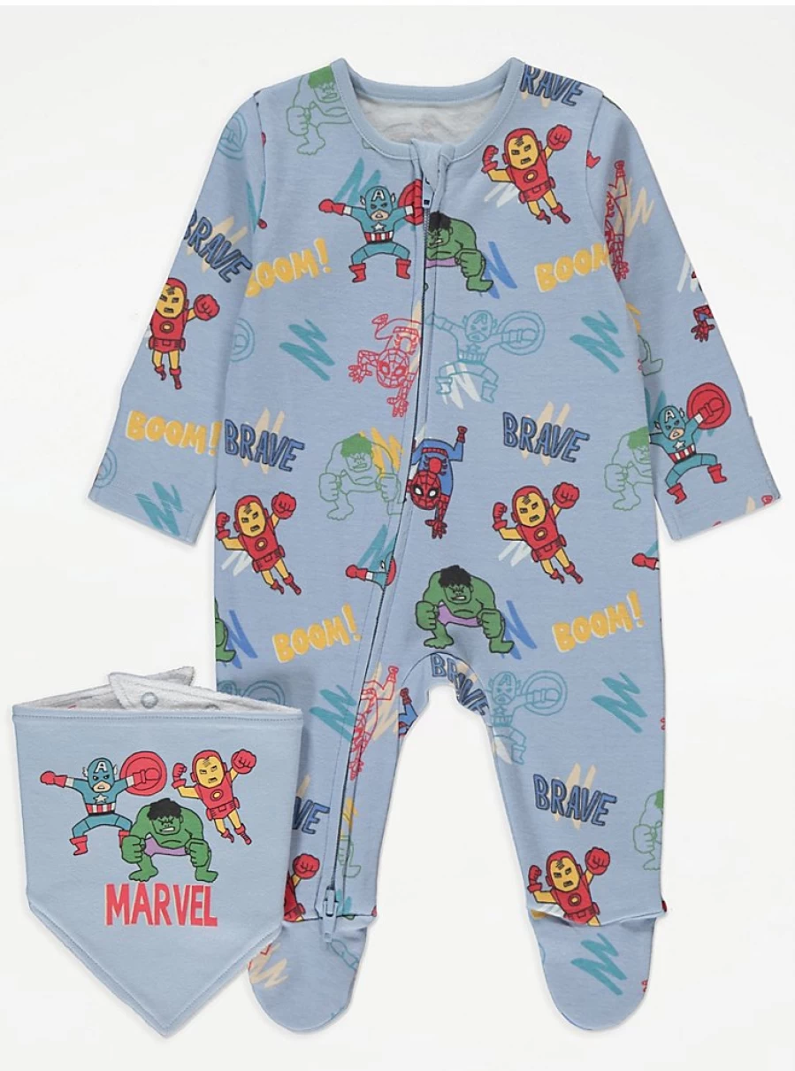 Marvel Light Blue Superhero Sleepsuit & Bib Set for Boys | George at Asda Baby Outfit Review