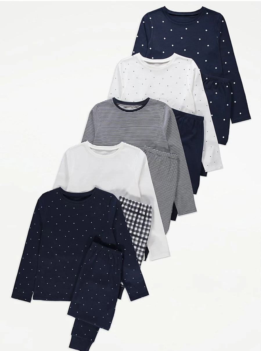 "George at Asda Kids' Spot Print Long Sleeve Pyjamas 5-Pack – Comfortable & Stylish Sleepwear Set"