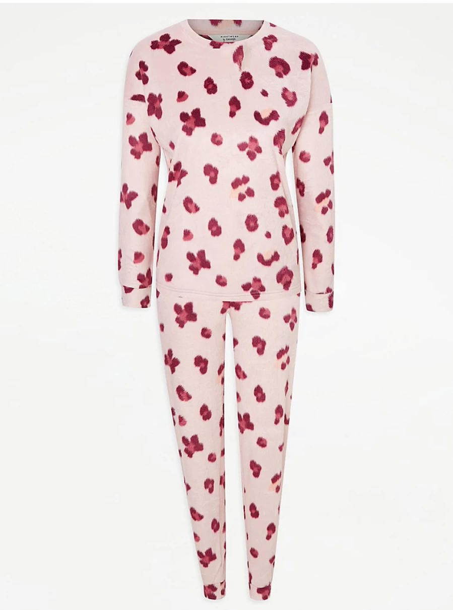 "George at Asda Women's Pink Leopard Print Soft Touch Long Sleeve Pyjama Set - Comfortable Loungewear & Sleepwear Gift"