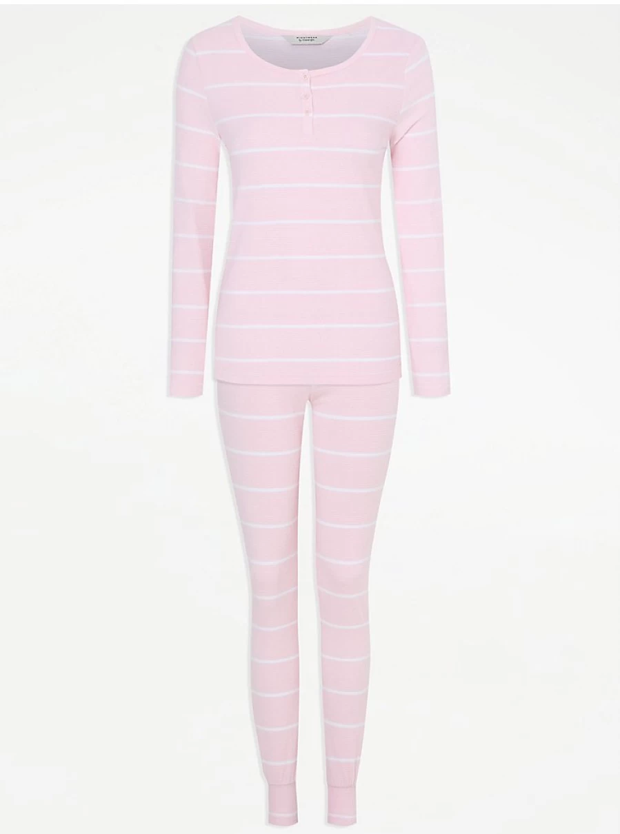 "George at Asda Pink Striped Waffle Pajama Set - Women's Comfortable Sleepwear & Loungewear Review"