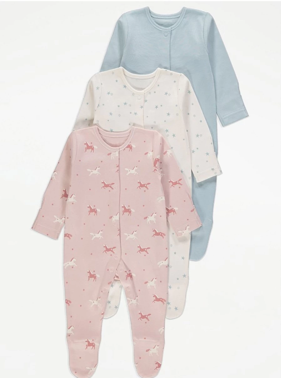 "George at Asda Baby Unicorn Star Sleepsuits 3-Pack | Soft & Comfortable Pajamas"