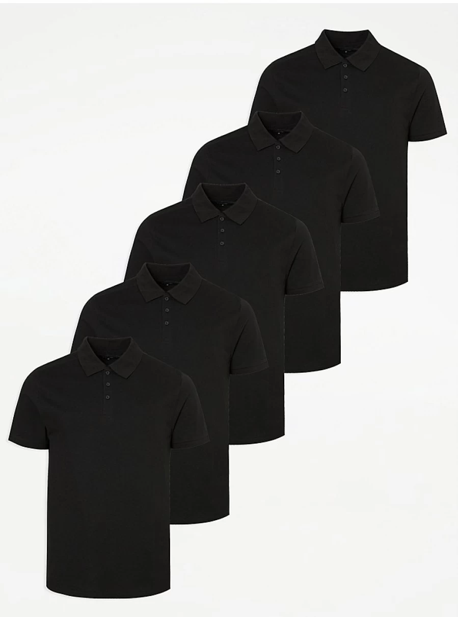 Men's Black Short Sleeve Polo Shirts 5-Pack | George at Asda | Comfort Fit Casual Tops