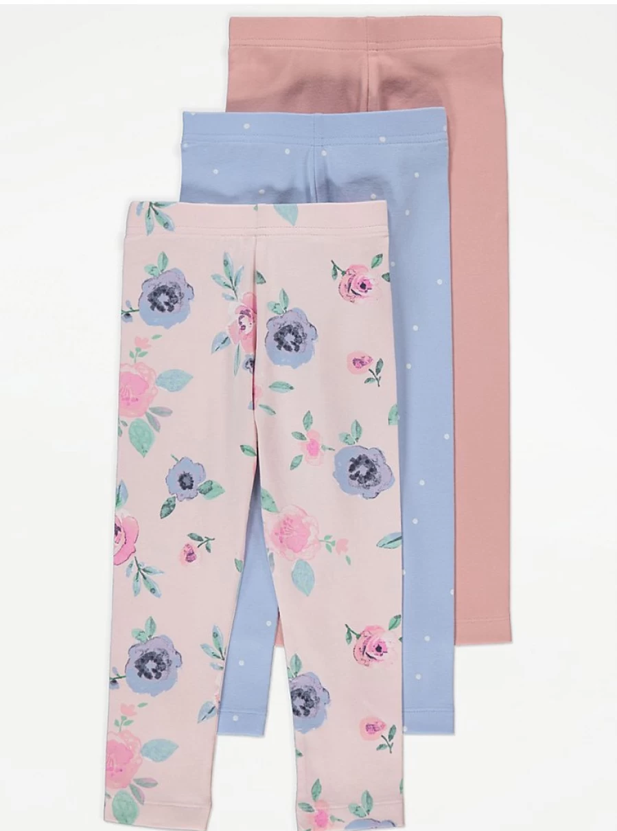 "George at Asda Kids' Floral Rose Leggings 3-Pack | Soft & Stylish Leggings for Girls"