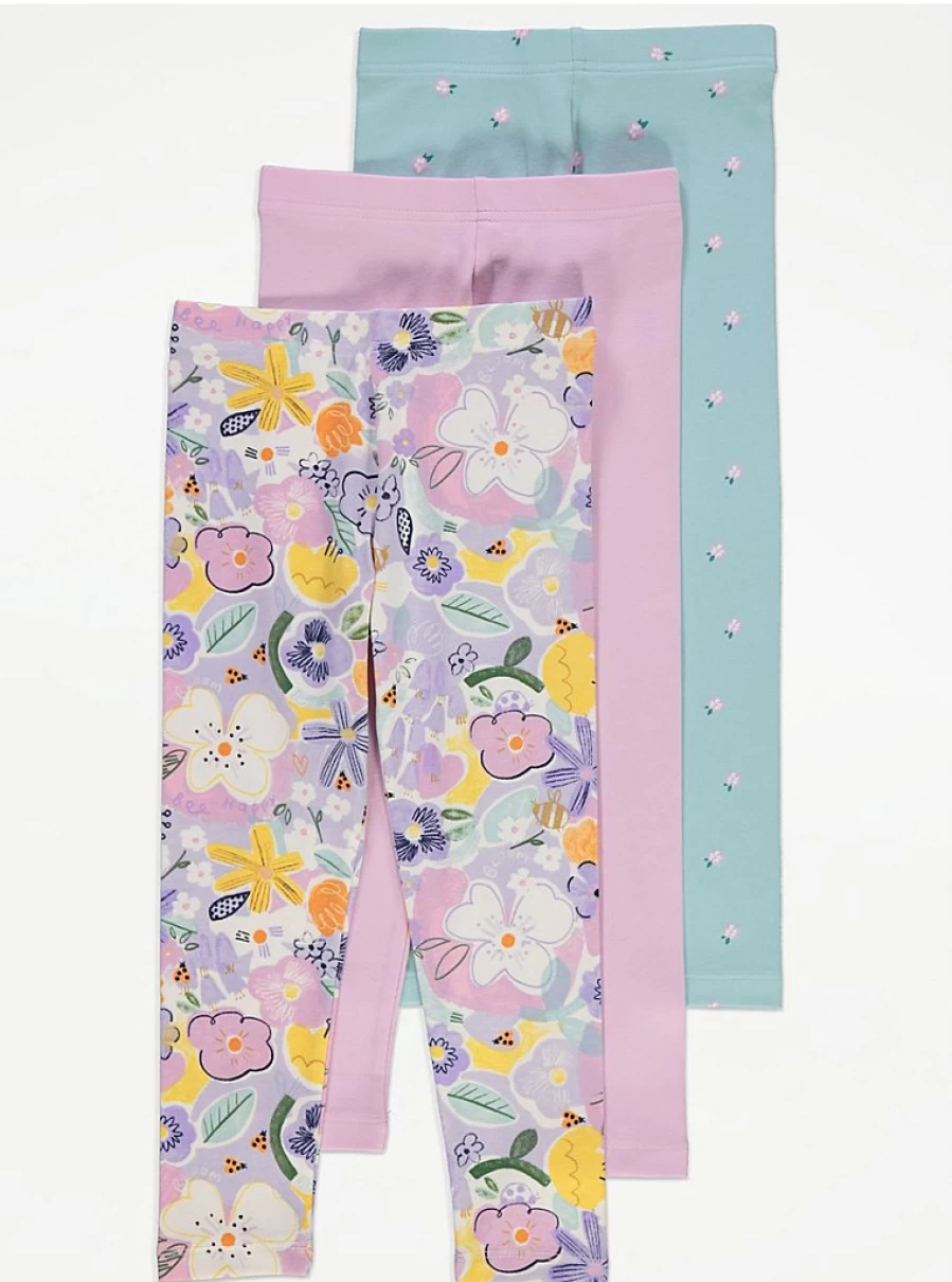 "George at Asda Kids Pastel Floral Leggings 3-Pack | Soft Comfortable Stretchy Leggings for Girls"