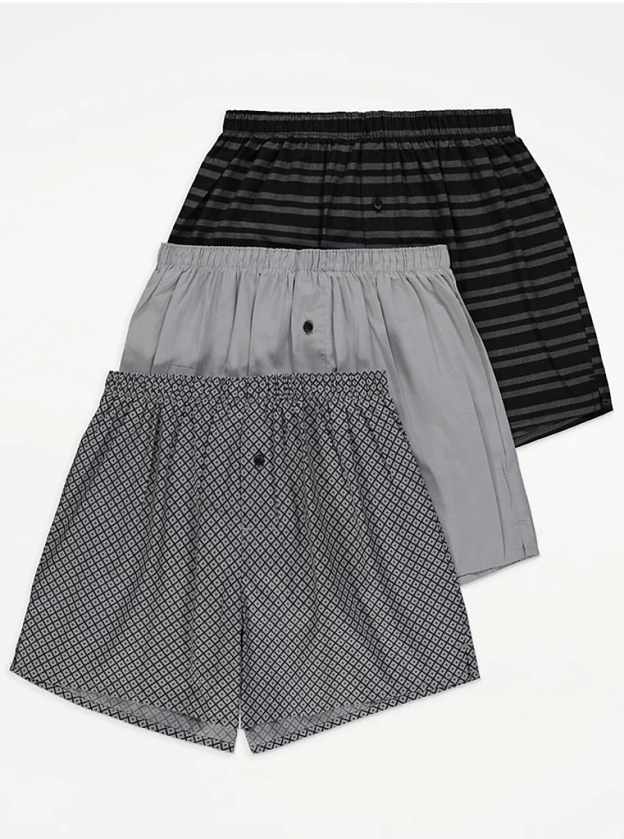 "George at Asda Men's Grey Stripe Woven Boxer Shorts 3-Pack | Comfort & Style"