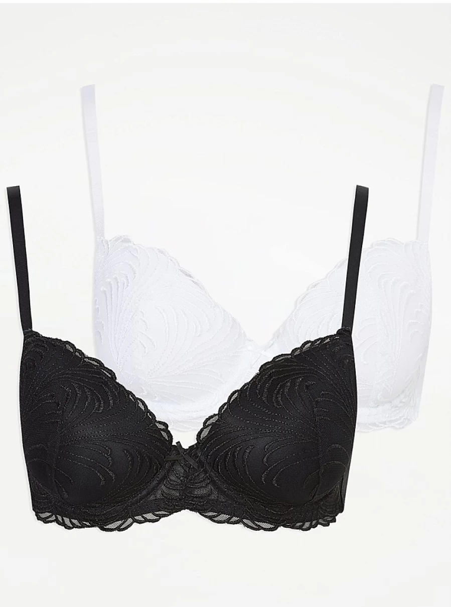 "George at Asda Women's White Embroidered T-Shirt Bras 2 Pack | Comfortable Lingerie Set"