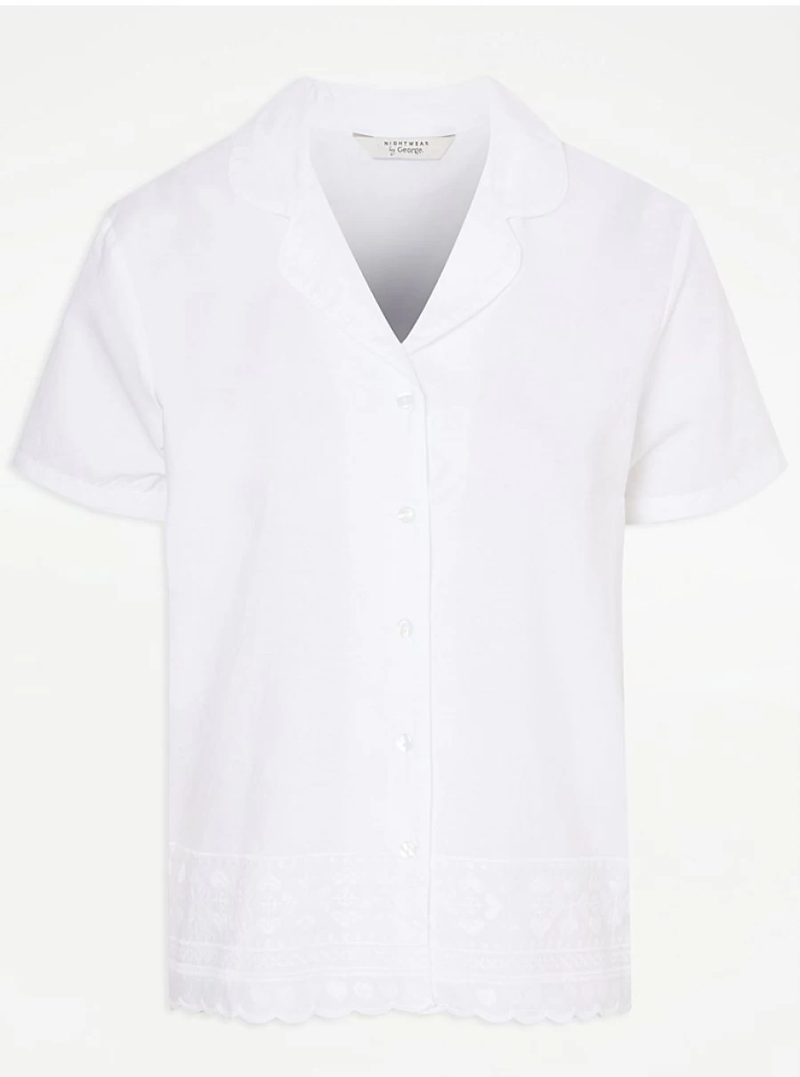 "George at Asda White Embroidered Hem Woven Pyjama Shirt | Women's Lingerie & Sleepwear"