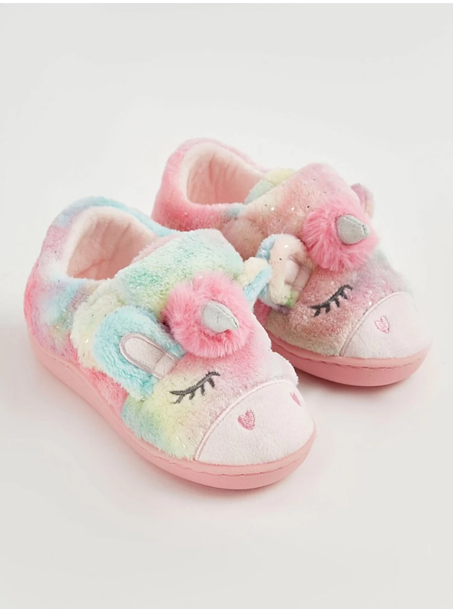 "George at Asda Kids Rainbow Fluffy Unicorn Slippers - Comfortable Cupsole Design"