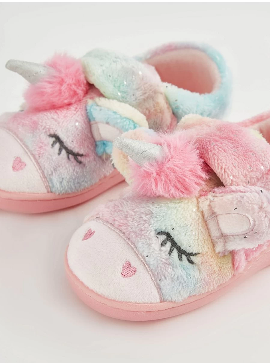 "George at Asda Kids Rainbow Fluffy Unicorn Slippers - Comfortable Cupsole Design"