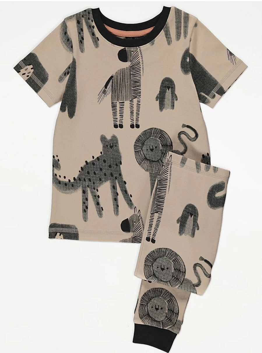 Kids' Beige Safari Animal Print Short Sleeve Pajamas | George at Asda